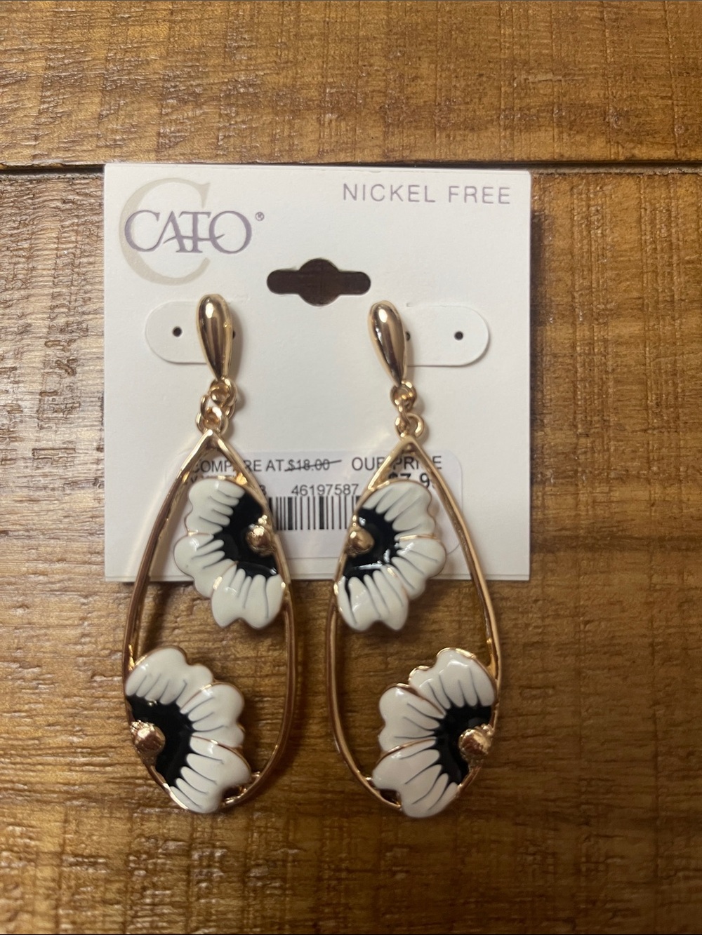 Cato Gold Teardrop Earrings with White & Black Floral Accents
